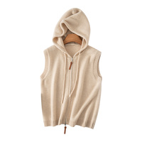 Cardigan décontracté épais en tricot à capuche sans manches avec fermeture éclair pour femme, pull en cachemire à capuche