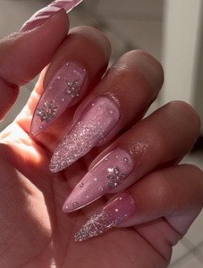 <span class=keywords><strong>Uñas</strong></span> postizas acrílicas hechas a mano con efecto ombré rosa, estilo stiletto mediano, con diseño de mariposa cuadrada y purpurina, para salón de manicura. - Product Image 1