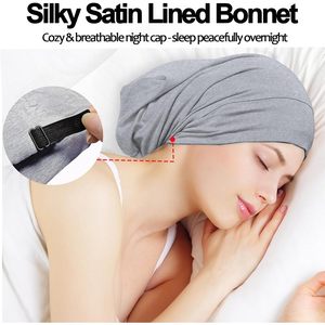 Gorro de satén para dormir, ajustable, forrado, para cabello rizado, trenzas, mujeres, negro, gris, uso doméstico, cuatro estaciones - Product Image 3