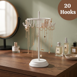<b>Rotatable</b> Jewelry <b>Display</b> <b>Stand</b> With 20 Hooks For Necklaces Earrings Modern Round White Organizer Desk Accessory - Product Image 6