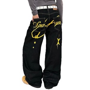 Wide Leg Denim <b>Jeans</b> Mid Waist Loose Fit Medium Wash <b>Embroidered</b> Letter Pattern Vintage Knitted Hip Hop Style Men's Pants Autumn - Product Image 1