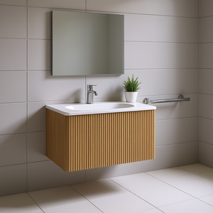 Mueble de Baño Moderno de 24 Pulgadas, Madera de Roble Natural, Montado en la Pared, Lavabo Flotante de Cerámica Blanca, Diseño Rectangular - Product Image 2