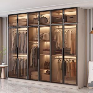 Armoire de luxe sur mesure avec portes vitrées et éclairage LED, système de rangement moderne haut de gamme pour chambres à coucher, idéal pour les projets de villas et d'appartements - Product Image 4