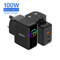 Chargeur numérique pliable avec prise UK EU 100W PD 3.0 OVP avec écran pour téléphone portable, tablette, ordinateur portable, USB-C Type-C, chargeur rapide