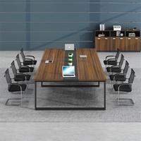 Table de conférence industrielle moderne, bureau de réunion en bois, structure métallique, poste de travail pour salle de réunion, mobilier de bureau