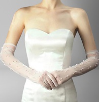 Gants de mariée élégants en tulle transparent, longs, ornés de perles multicolores, gants transparents à doigts complets
