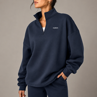 Sweat-shirt personnalisé pour femme, coupe oversize, couleur unie, col montant semi-zippé, en coton, avec logo brodé, pull décontracté en maille