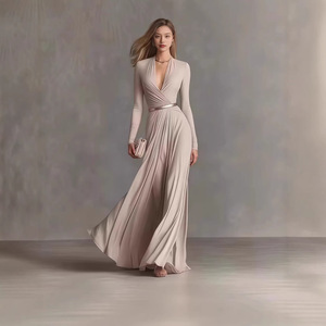 Robe élégante pour femme à manches longues, couleur unie texturée, col en V, taille haute, Nouvelle collection Printemps-Automne 2026, pour le marché transfrontalier Europe-États-<span class=keywords><strong>Unis</strong></span> - Product Image 1