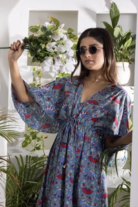 Red And Water Blue Printed Dress For <b>Women</b> With <b>Cape</b> Sleeves V Neckline And Flared Hem For Stylish Casual Fashion And Party Wear - Product Image 4