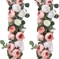Guirlandes artificielles de pivoines et de roses avec feuilles d'eucalyptus – Décoration florale artificielle pour mariages, fêtes et fiançailles – Décoration murale