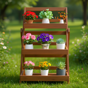 Support à plantes pliable en bois d'acacia Db à 3 niveaux, design rustique pour une utilisation en intérieur, en extérieur et au jardin - Product Image 2