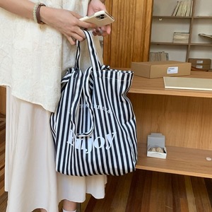 Canvas Striped Tote Bag Black White Vertical <b>Square</b> Open Top Letter Design Everyday Commute Style - Product Image 2