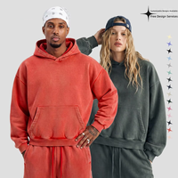 Sweat à capuche pour homme épais 390G, style skater américain, doublure polaire, coupe ample, finition délavée et vieillie, couleur unie
