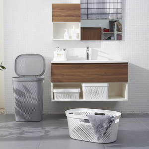 Plastic Laundry Basket Rectangle White And Light Gray Lightweight Standing Type Clothing Organizer For Home Storage - Product Image 1