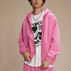 Logotipo de impresión personalizado OEM en stock 360 Gsm algodón polar Color sólido liso teñido Oversize Drop Shoulder doble Zip Up Hoodie hombres - Product Image 3