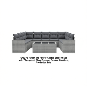 Ensemble de canapés d'extérieur en rotin gris pour 10 personnes, structure en acier, verre trempé, mobilier de jardin au design contemporain, résistant aux intempéries - Product Image 1