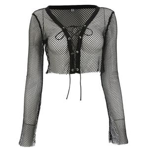Tops cortos de malla transpirable de manga larga con tiras sexis para mujer, blusa de baile adelgazante con cuello en V y cuello redondo, Tops cortos para mujer - Product Image 1