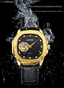 KINYUED – montre mécanique automatique pour hommes, boîtier en polygone doré, bracelet en cuir, affichage lumineux, cadran ajouré, vente en gros - Product Image 4