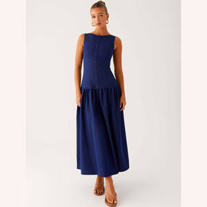 Abito lungo estivo alla moda da donna Boutique senza maniche Denim con scollo francese abito da donna - Product Image 1