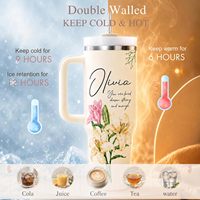 Gobelet isotherme personnalisé de 40 oz avec nom, motif floral, double paroi en acier inoxydable, avec poignée et paille, idéal pour les cadeaux