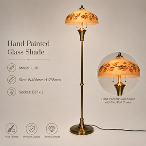 Hand Painted Glass Shade Floor Lamp Vintage Brass <b>Standing</b> Lamp E27 Dual Pull Chain Home Hotel Decor - Product Image 4