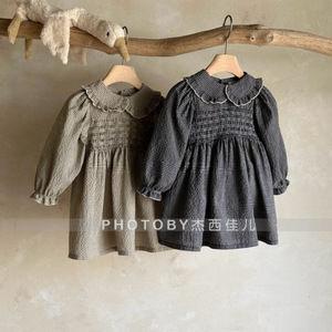 Vestido de Punto a Cuadros Estilo Coreano para <span class=keywords><strong>Niñas</strong></span>, Nuevo de Otoño, Algodón Suave, Lindo Cuello Camisero, Mangas Abullonadas a Rayas, Faldas para Bebés - Product Image 2