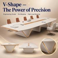 Ensemble de table et chaises de conférence de luxe moderne, pieds ovales en forme de V, incrustation en cuir, boîte à câbles intégrée, 8-12 places, OEM personnalisé