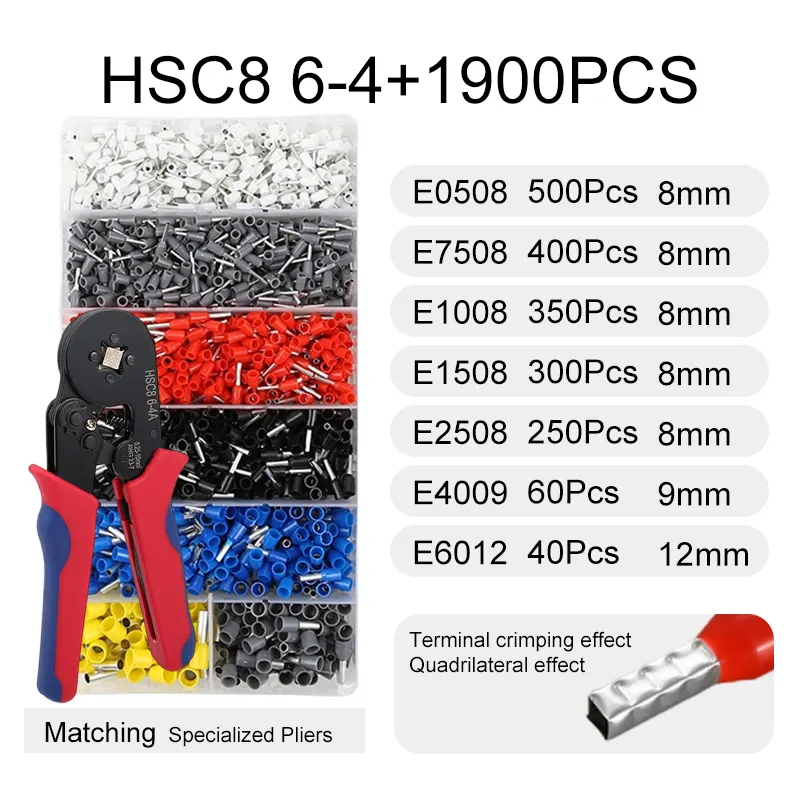 1200PCS 22-8AWG 0.5-10mm HSC8 6-4 OEM/ODM Insulated Cord End Bootlace Ferrule Terminals Kit Wire Crimping Tool Pliers set