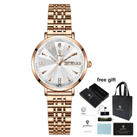Montres pour femmes Gohuos 7811, cadran serti de diamants, affichage double calendrier, bracelet en acier inoxydable or rose, montre-bracelet résistante à l'eau pour femmes