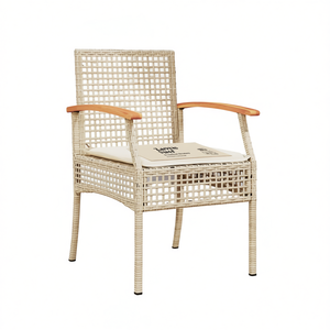 Chaise de jardin beige en rotin PE avec accoudoirs en teck et pieds coniques, mobilier d'extérieur au design élégant et construction durable - Product Image 1
