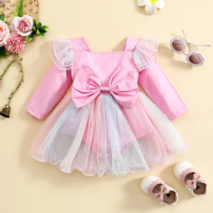 2022 Autumn Toddler Clothing Tie-Dye Printed Long Sleeve Square Neck Bowknot Tulle Lace Baby Girls Sweet Romper Dress