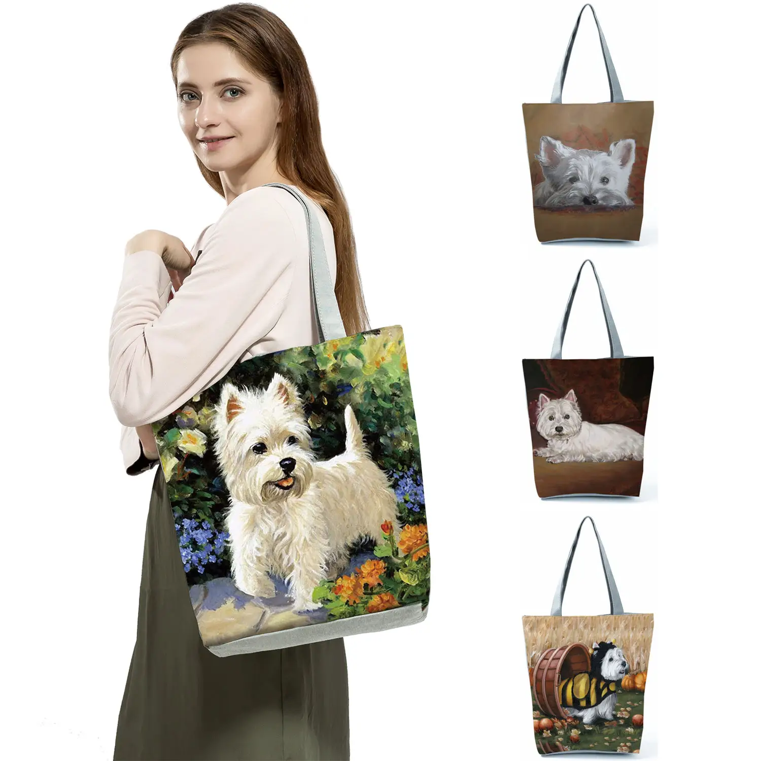 Unieke Ontwerp Westie Hond Schilderen Vierkante Handtas Voor Vrouwen Winkelen Shopper Tassen Grote Capaciteit Draagbare Goedkope Bakken Groothandel