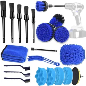 23Pcs Blue Car Cleaning Tool Kit Drill Attachment Brushes Set Drill Detailing Brush Buffing Sponge Pads Drill Cleaning Brush Kit