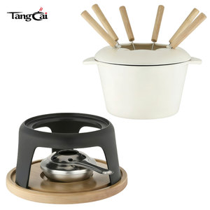 Ensemble de fondue en <span class=keywords><strong>fonte</strong></span> <span class=keywords><strong>émaillée</strong></span> blanc crème, directement de l'usine, avec support métallique et fourchettes, pot à chocolat fondu de 1,6 QT, kit de fondue au fromage - Product Image 5