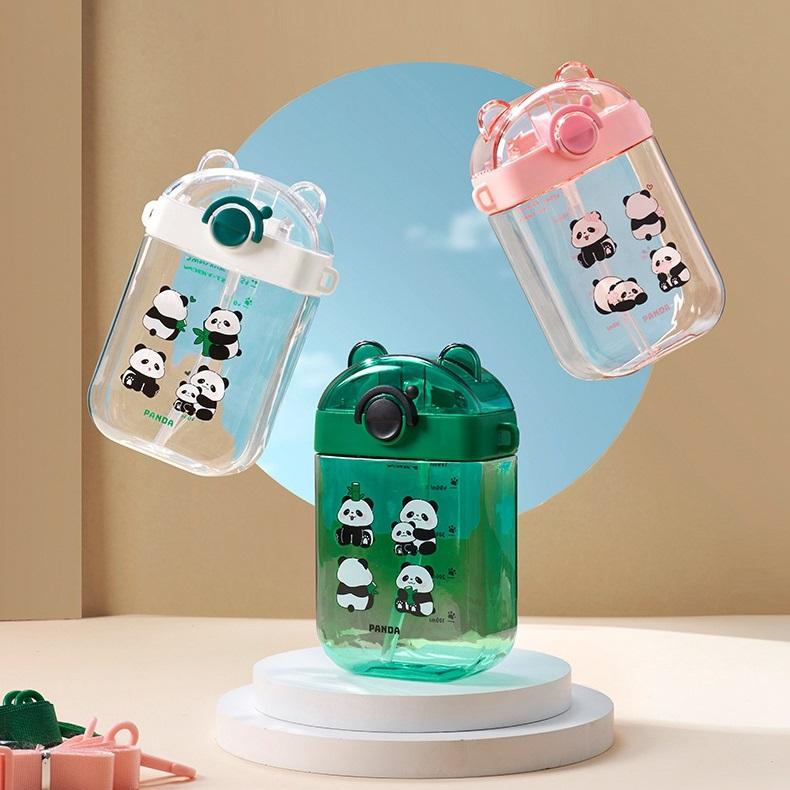 Cartoon Panda Portable 470ml Square Children's Outdoor School Kids Plastic Straw Water Bottle With Strap