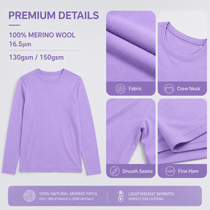 Women's Merino <b>Wool</b> <b>Base</b> <b>Layer</b> Long Sleeve Top 100% Natural Soft Breathable Crew Neck Slim Fit Outdoor Ready Purple - Product Image 3