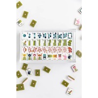 Jeu de Mahjong Américain Rétro Vert Olive à Motifs Géométriques Floraux, Tuiles en Acrylique à Motifs Artistiques Personnalisés, Pochette en Velours pour Divertissement Familial