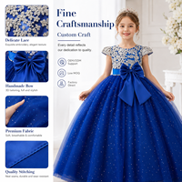 Robe de princesse moelleuse pour filles, robe en maille à nœud à la taille et paillettes pour mariages et concours de beauté, col rond, décoration en dentelle de mousseline