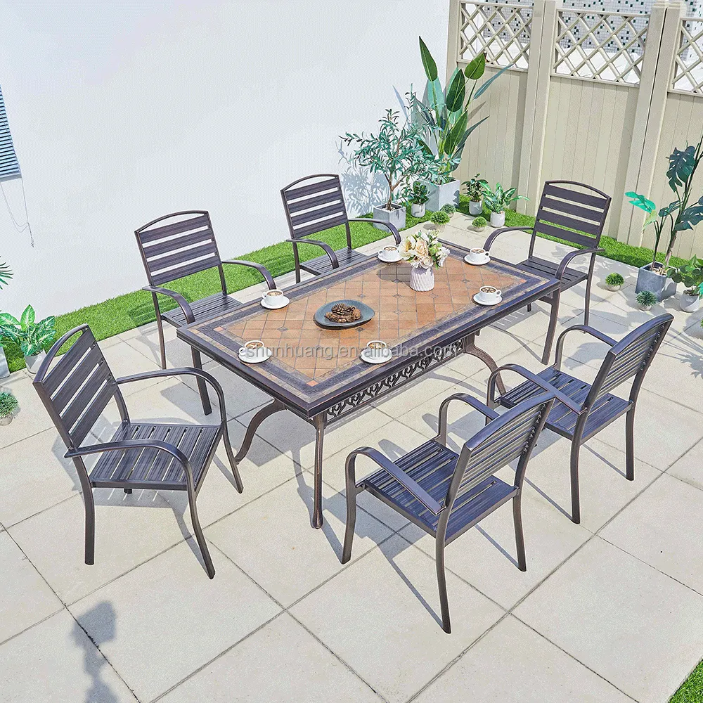 Hot Selling Bistro Aluminium guss Ess-Set Outdoor Aluminium guss Tisch mit 6 Stuhl