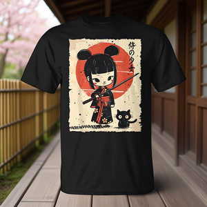 T-shirt mignon de style Kawaii avec une fille samouraï, une katana et un chat, inspiré de l'anime japonais - Product Image 3