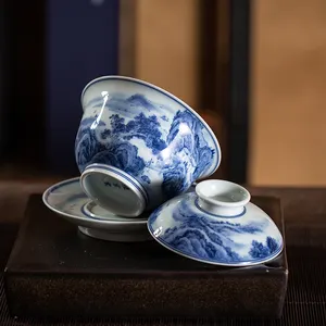 Wholesale All Hand-made Blue And White Landscape Master Cup Ceramic Hand-painted Kung Fu Tea Set Teacup Single Cup Tea