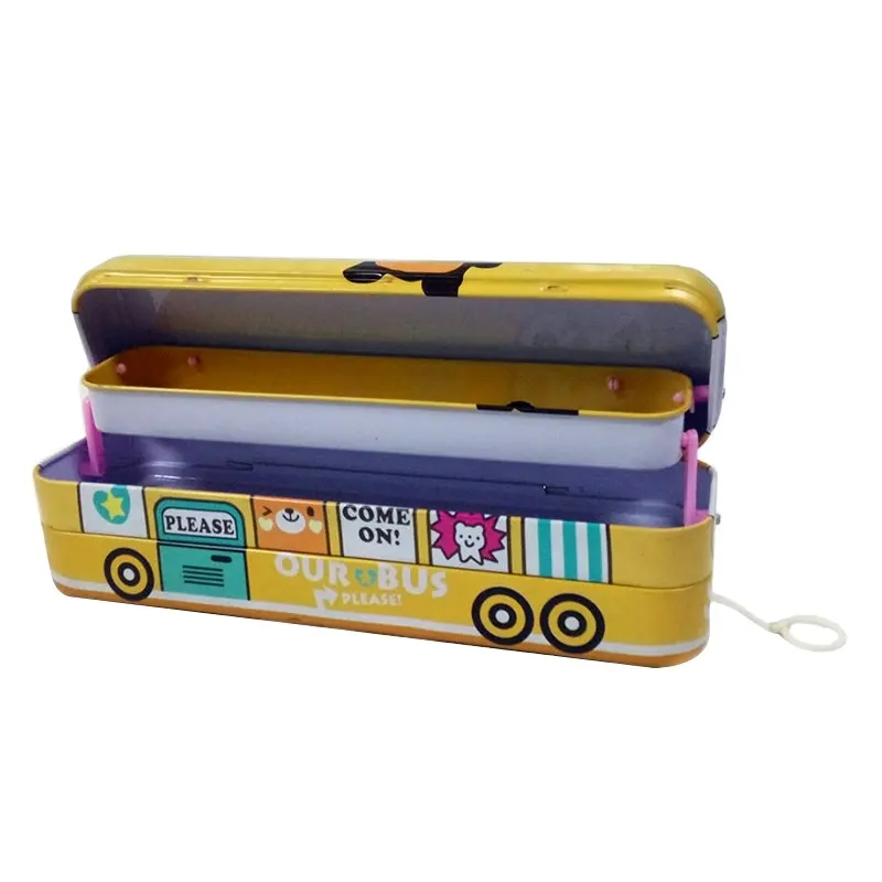 Haute qualité personnalisé imprimé dessin animé voiture Bus porte-crayon enfants métal étain porte-crayon boîte en gros