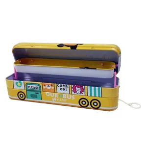 High Quality Custom Printed Cartoon Car Bus Pencil Case Kids Metal Tin Pencil Case Box Wholesale
