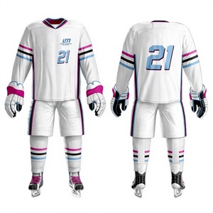 Uniforme de hockey sur glace LM pour hommes, blanc, rose, bleu, à rayures, impression par sublimation, respirant, 100 % polyester, fusion sans couture par détection de pointes - Product Image 1