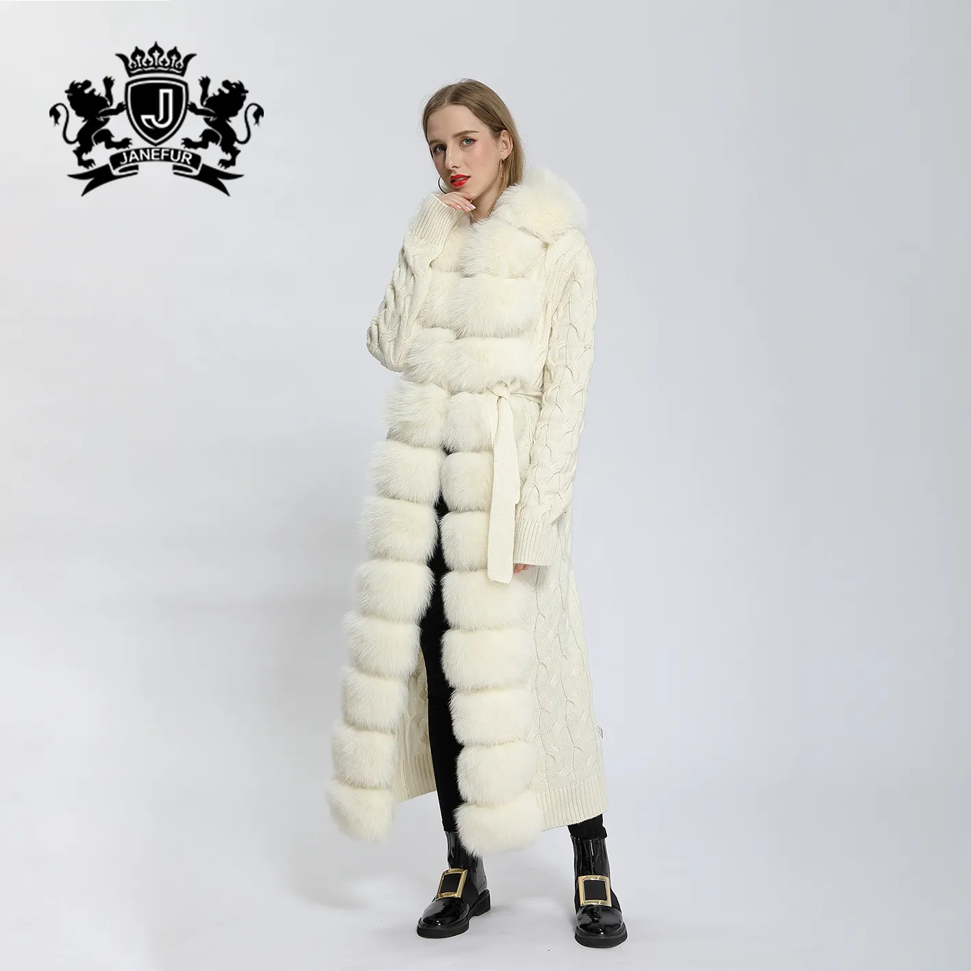 Janefur الروسية شعبية المرأة الفراء الطبيعي معطف طويل السيدات معطف فرو الثعلب الحقيقي الفراء سترة مقنعين 120-125 سنتيمتر طول سترة منسوجة تريكو