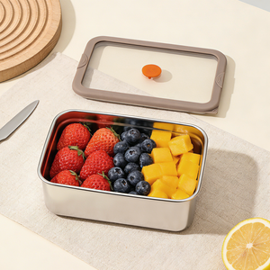 Airtight Freshness Preservation Single <b>Compartment</b> M Size Stainless Steel Rectangle Food Storage Container With Glass Lid - Product Image 1