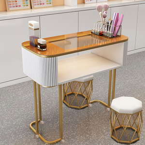 Juego de mesa de manicura moderna con patas doradas y superficie blanca para muebles de salón de belleza de uñas - Product Image 4