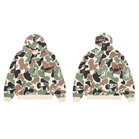 Sweat à capuche personnalisé épais 100% coton, coupe oversize, tricoté, avec motif camouflage imprimé et patchs, effet délavé