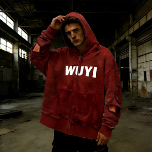 Sweat à capuche oversize court pour homme en polyester/coton, style vintage, zippé, déchiré, vieilli, en tissu éponge, streetwear, automne, personnalisé - Product Image 1