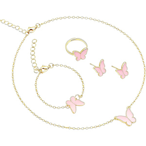 4 piezas de pulseras de mariposa de la suerte para mujer, abalorio de esmalte blanco y rosa, pulsera chapada en oro, Gargantilla, collar, anillo, pendiente, conjunto de joyería - Product Image 1